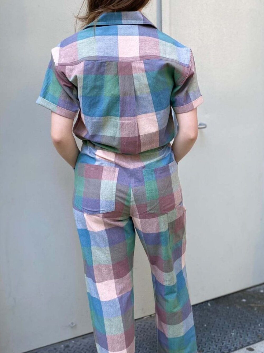 Plaid Pastel Short-Sleeve Jumpsuit - Picture 2 of 4